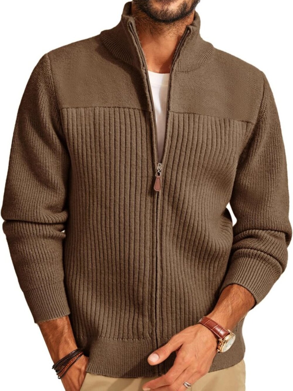 Men's Ribbed Knit Full Zip Cardigan Sweater - Stylish & Comfortable Layering